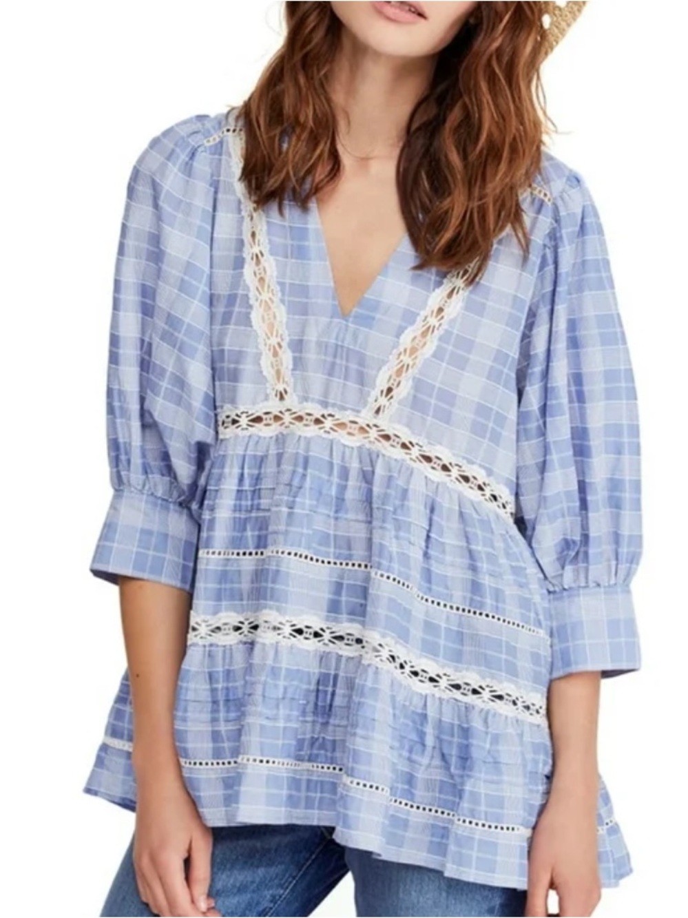 FREE PEOPLE Light Blue Plaid Lace Trim Babydoll Tunic Dress Size-L - Picture 4 of 13
